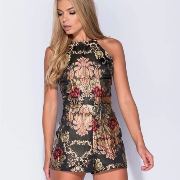 Chic Boutique Rose NWT Asian Brocade Floral Metallic Embroidered NWT Romper XL - Picture 1 of 6